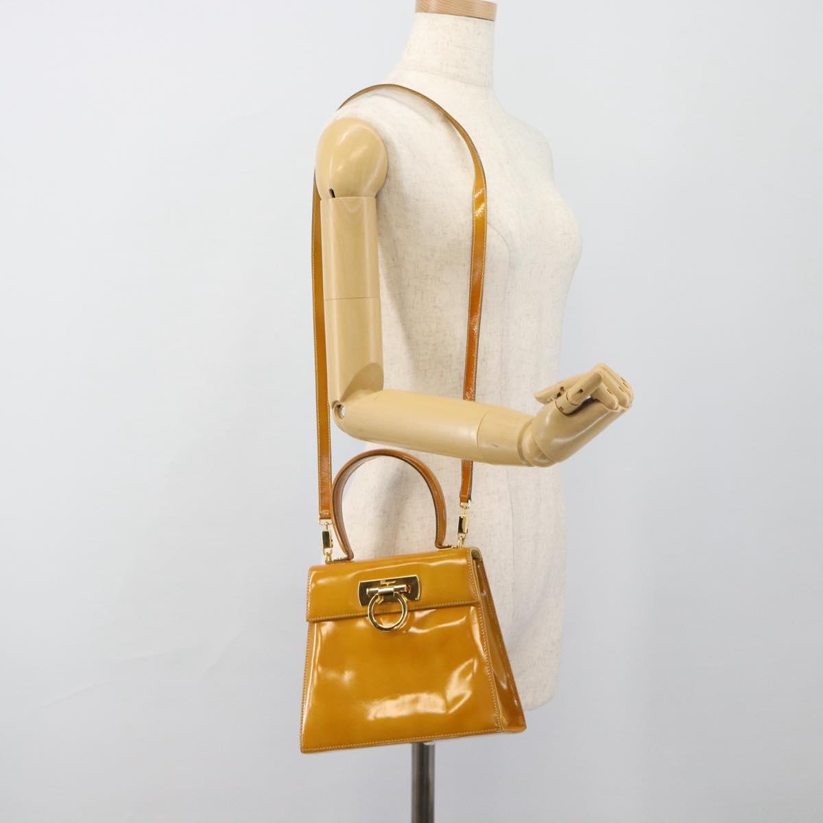 Salvatore Ferragamo Gancini Hand Bag Patent leather 2way Gold Yellow Auth 183782