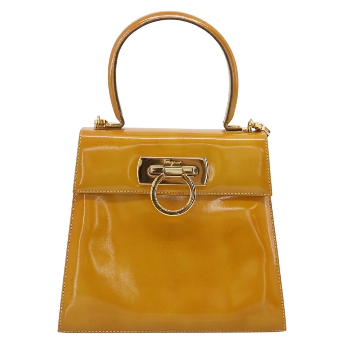 Salvatore Ferragamo Gancini Hand Bag Patent leather 2way Gold Yellow Auth 183782