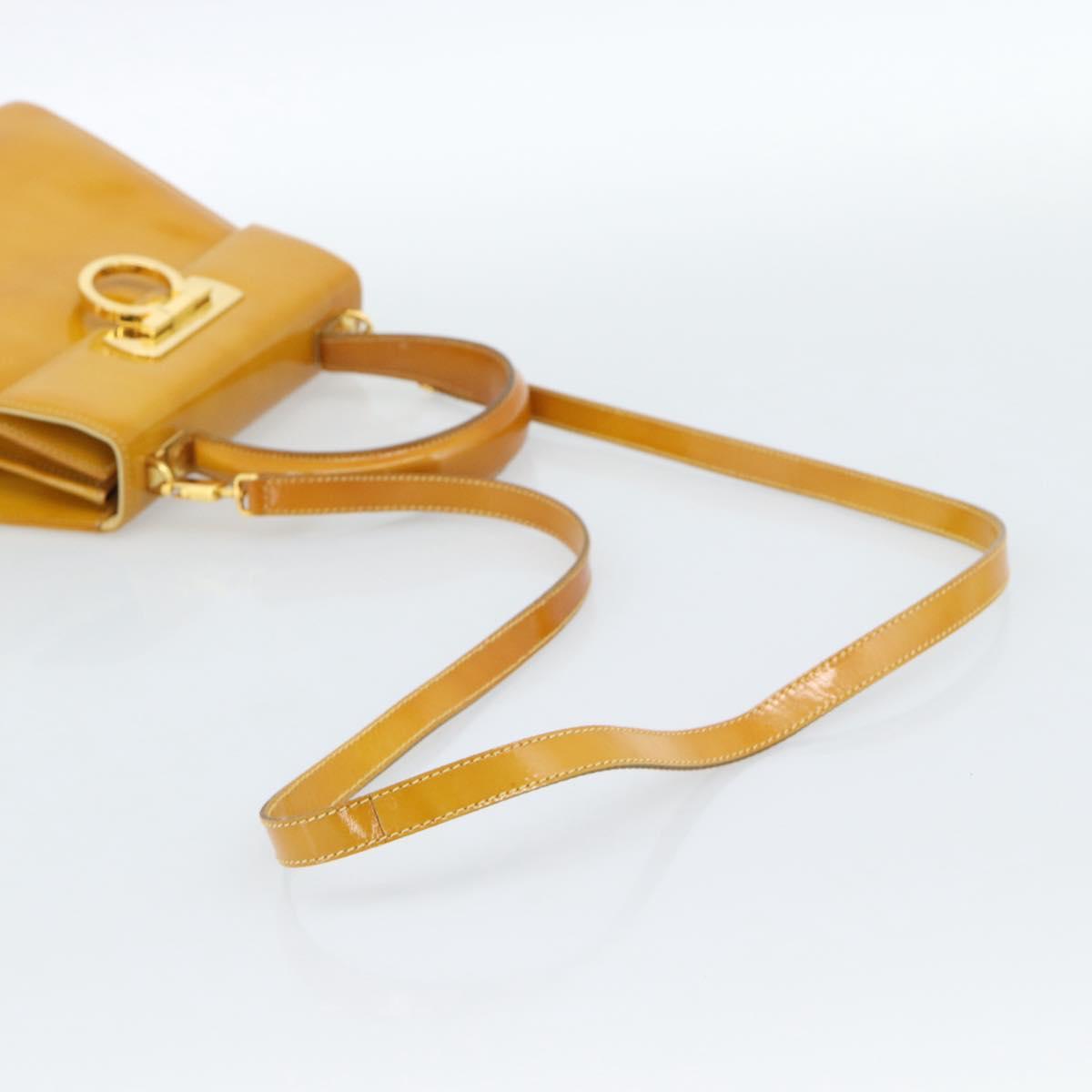 Salvatore Ferragamo Gancini Hand Bag Patent leather 2way Gold Yellow Auth 183782