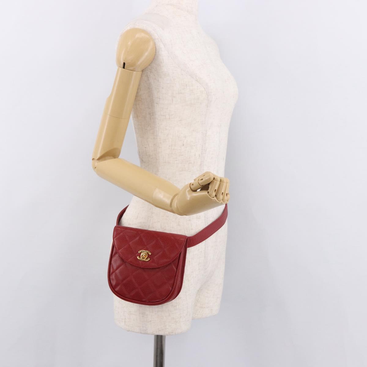 CHANEL Waist bag Caviar Skin Red Gold CC Auth 183792V
