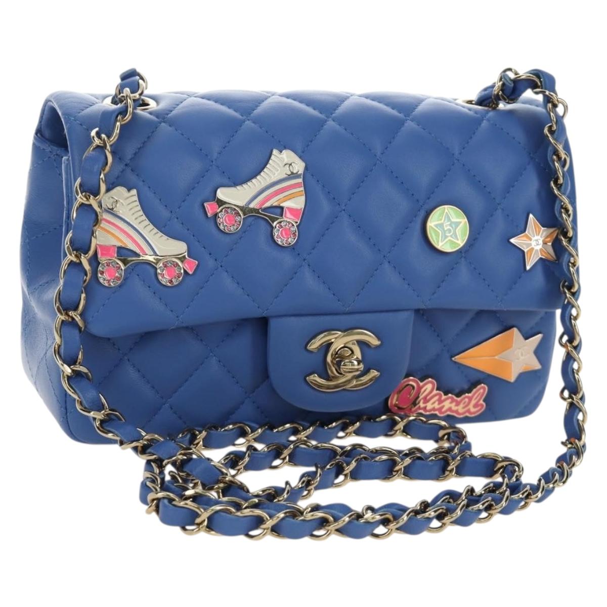 CHANEL Mini Matelasse 20 Chain Shoulder Bag Lamb Skin Blue Gold CC Auth 183794SM