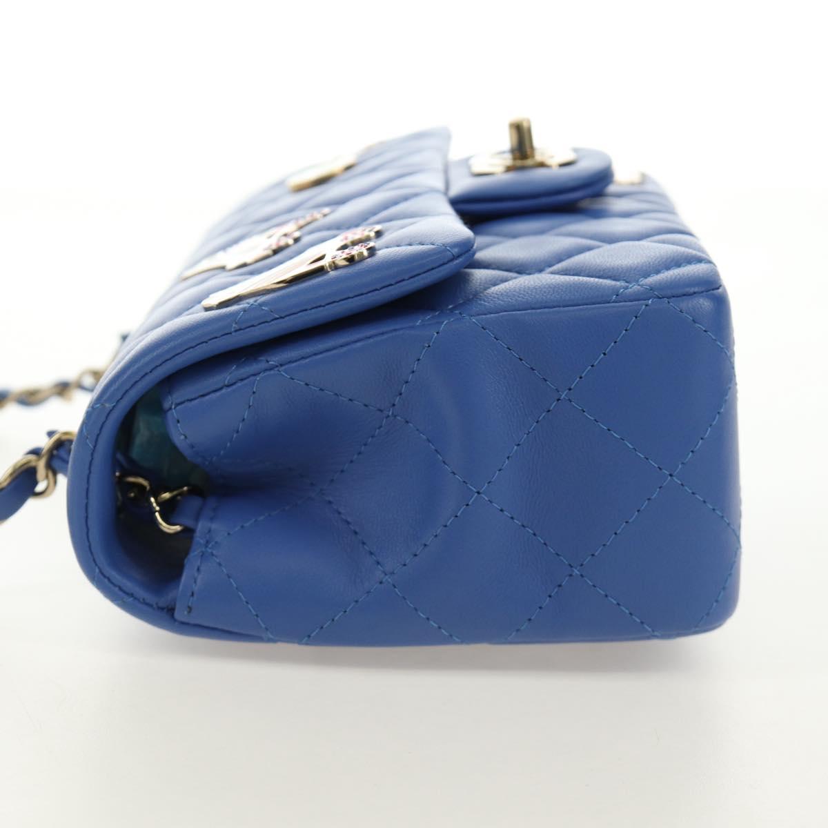 CHANEL Mini Matelasse 20 Chain Shoulder Bag Lamb Skin Blue Gold CC Auth 183794SM