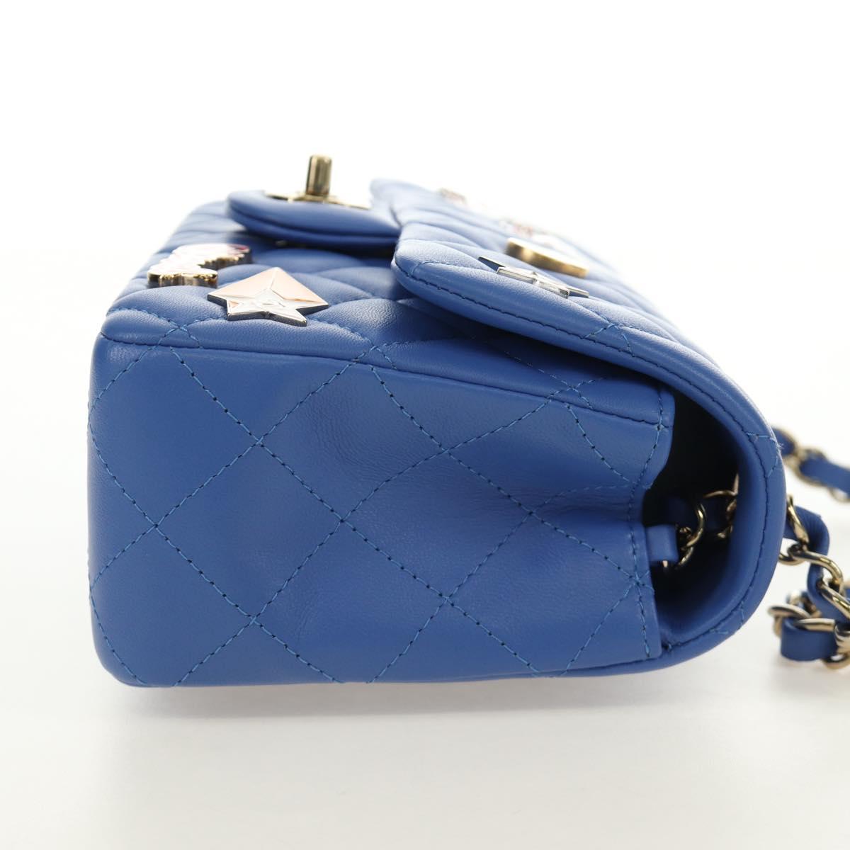 CHANEL Mini Matelasse 20 Chain Shoulder Bag Lamb Skin Blue Gold CC Auth 183794SM