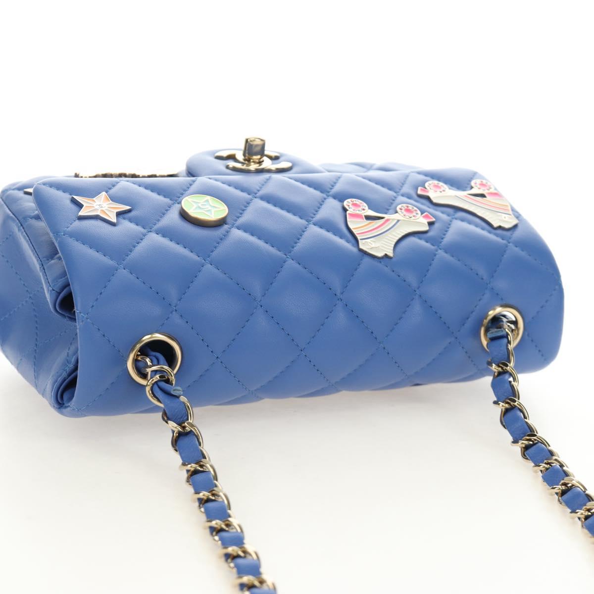 CHANEL Mini Matelasse 20 Chain Shoulder Bag Lamb Skin Blue Gold CC Auth 183794SM