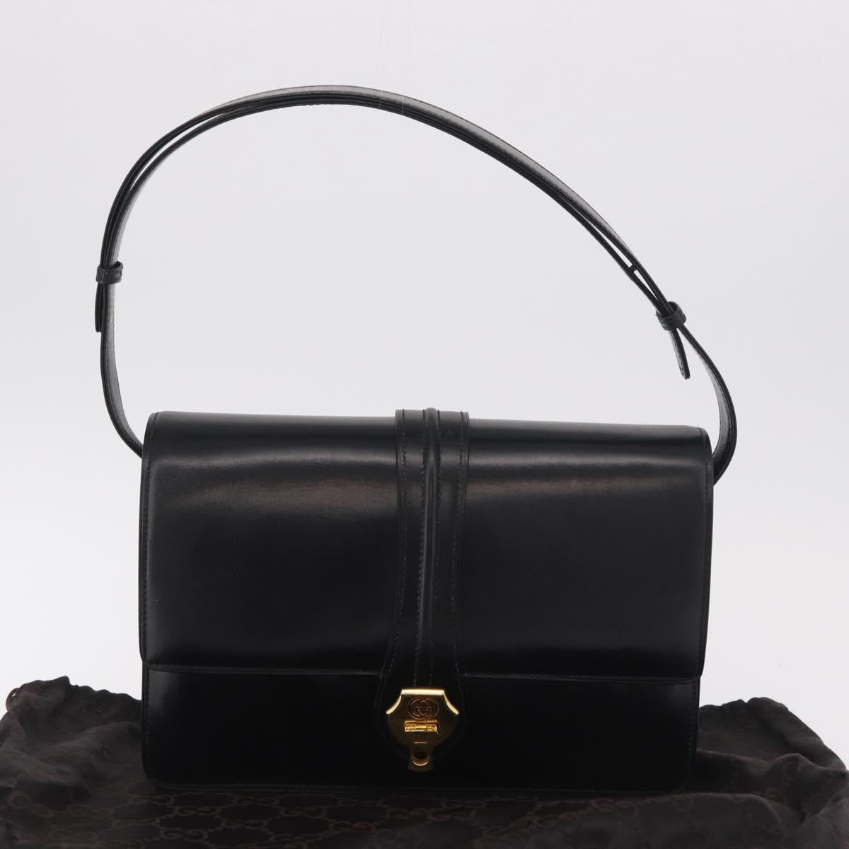 GUCCI Shoulder Bag Leather Black Gold Auth 183812V