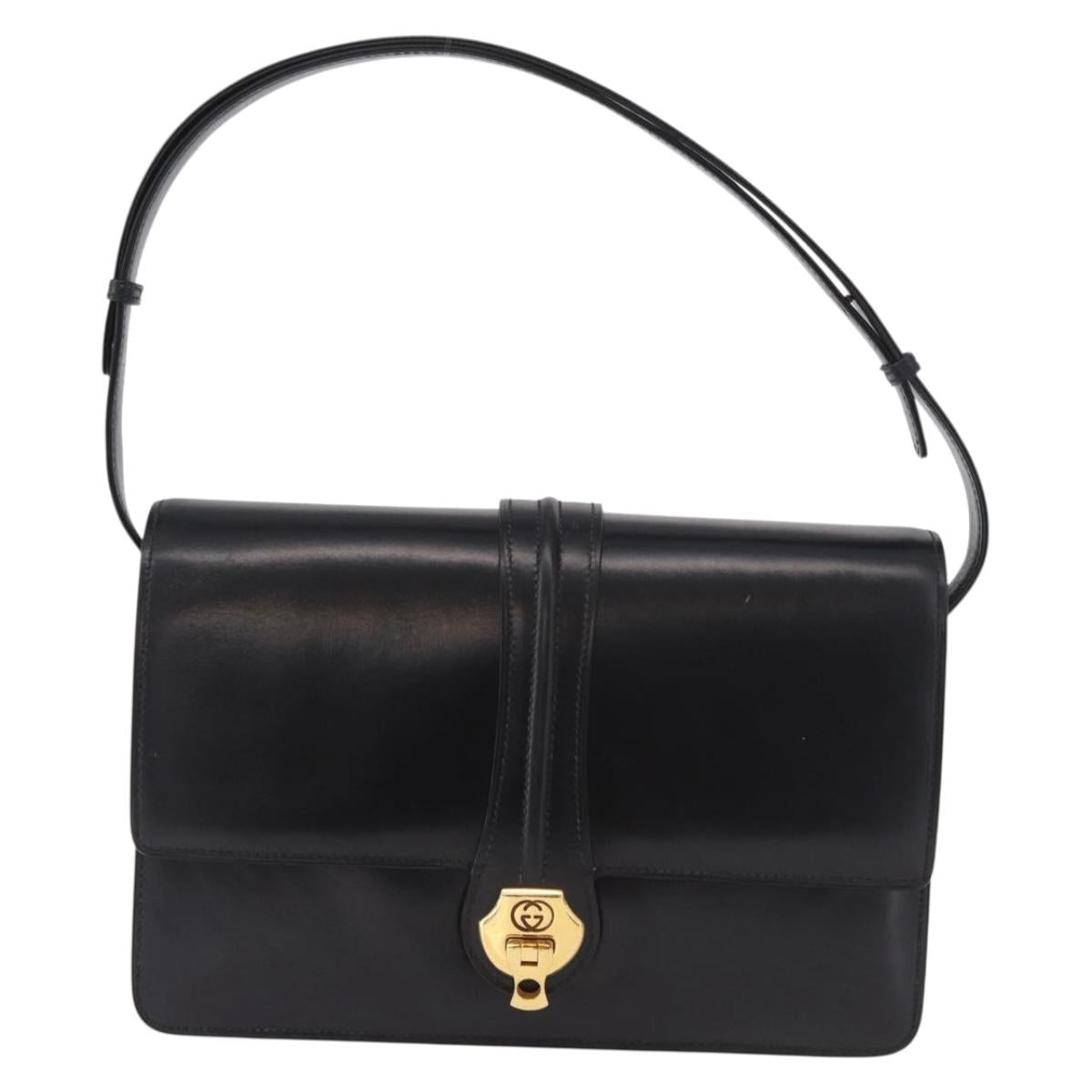 GUCCI Shoulder Bag Leather Black Gold Auth 183812V