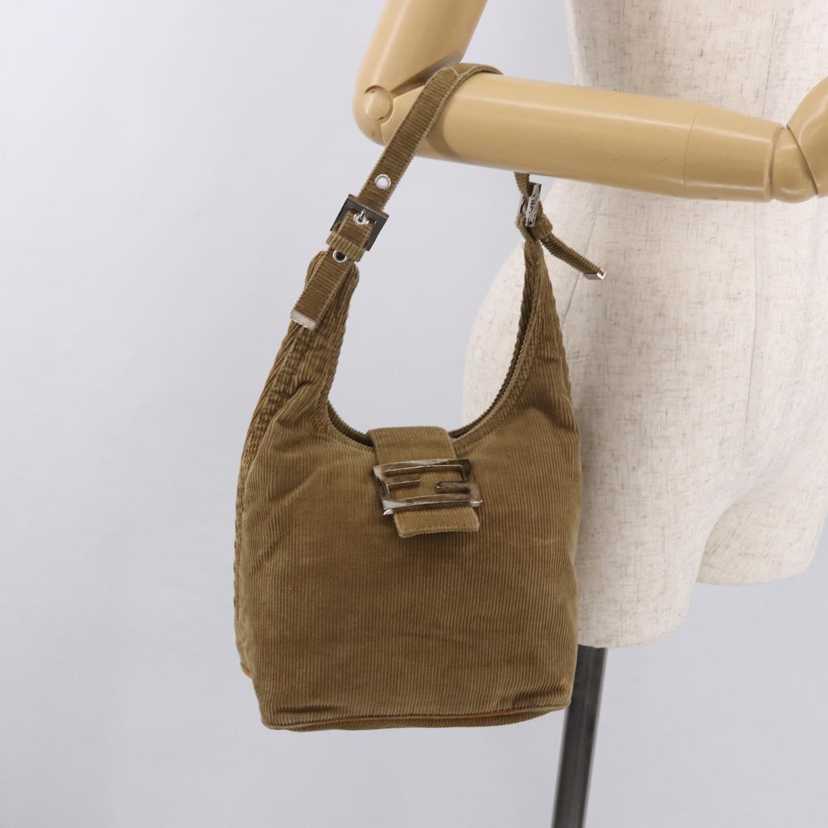 FENDI Mamma Baguette Shoulder Bag Corduroy Brown Silver Auth 183834