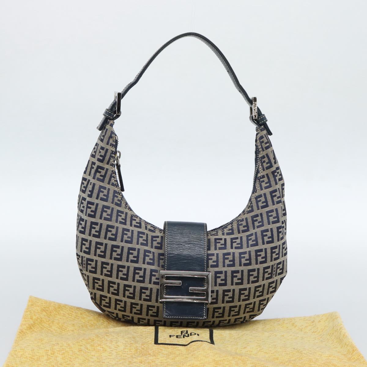 FENDI Zucchino Canvas Mamma Baguette Hand Bag Navy Silver Auth 183859V