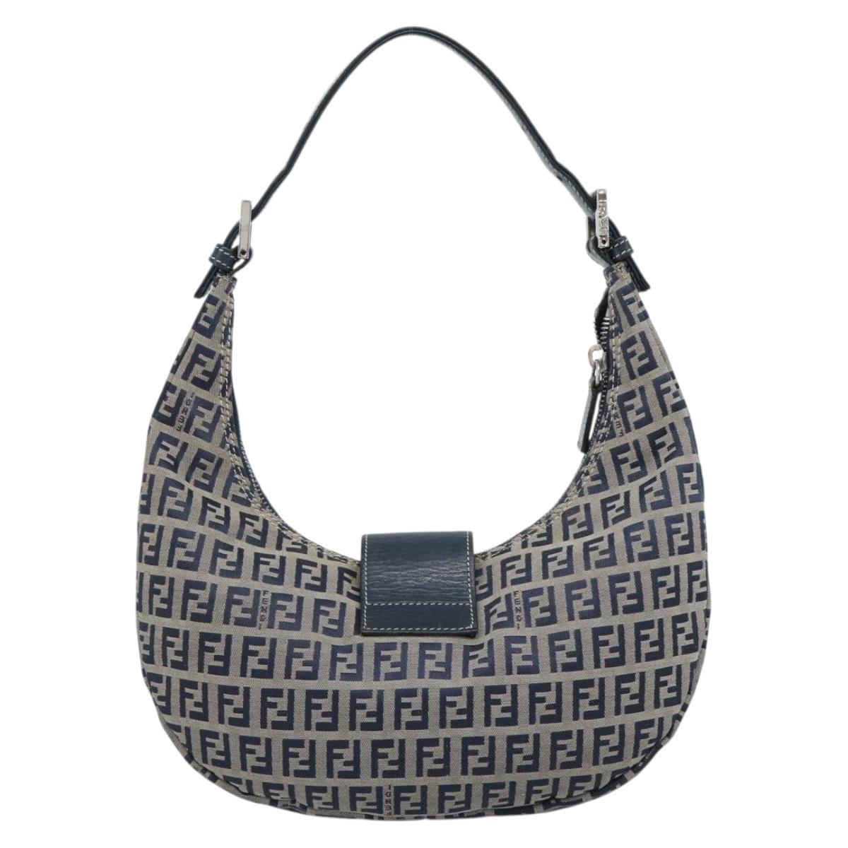 FENDI Zucchino Canvas Mamma Baguette Hand Bag Navy Silver Auth 183859V