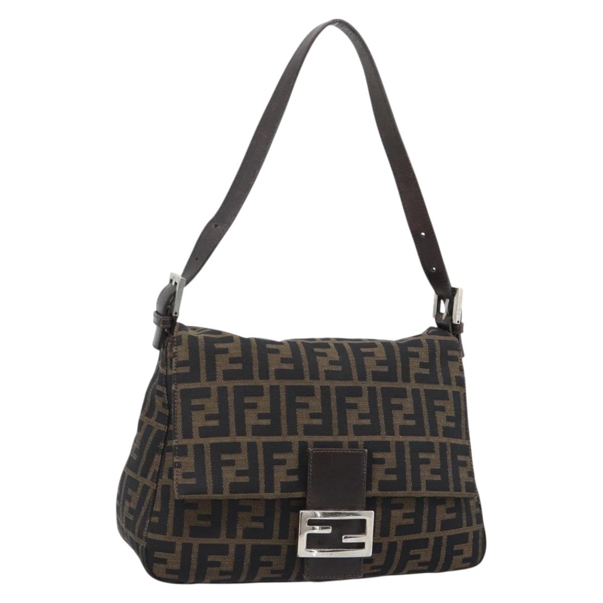 FENDI Zucca Canvas Mamma Baguette Shoulder Bag Black Brown Silver Auth 183864SAM