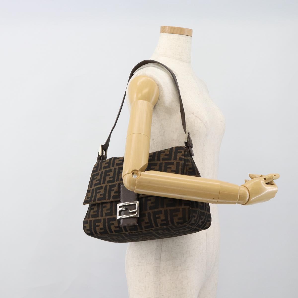 FENDI Zucca Canvas Mamma Baguette Shoulder Bag Black Brown Silver Auth 183864SAM