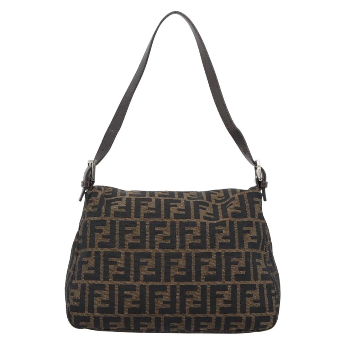 FENDI Zucca Canvas Mamma Baguette Shoulder Bag Black Brown Silver Auth 183864SAM