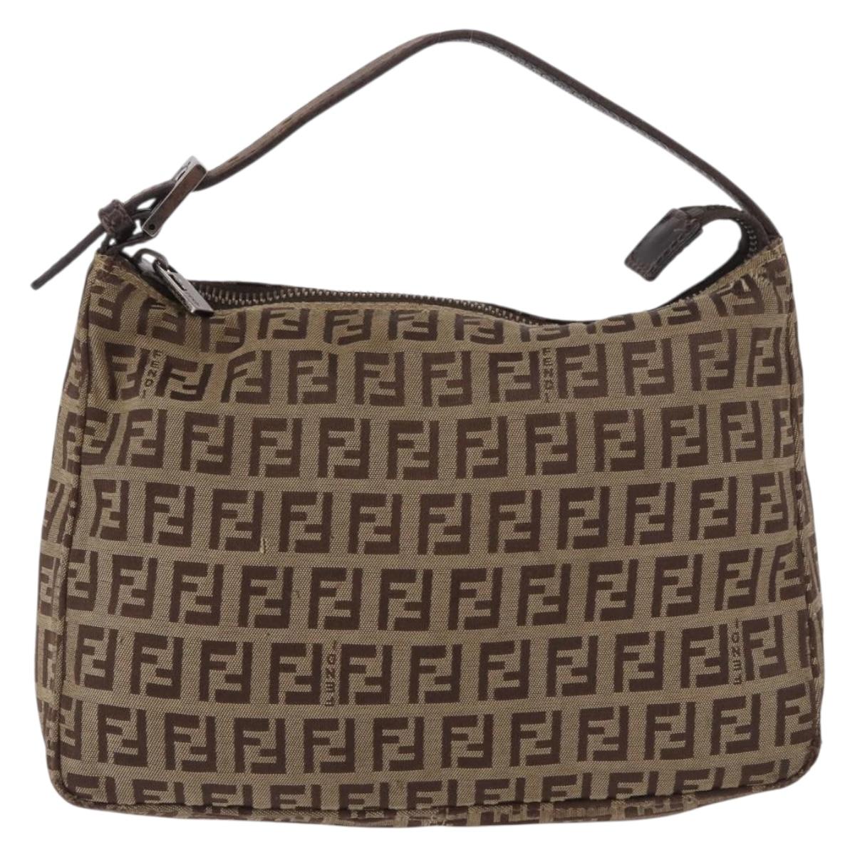 FENDI Zucchino Canvas Hand Bag Beige Silver Auth 183871