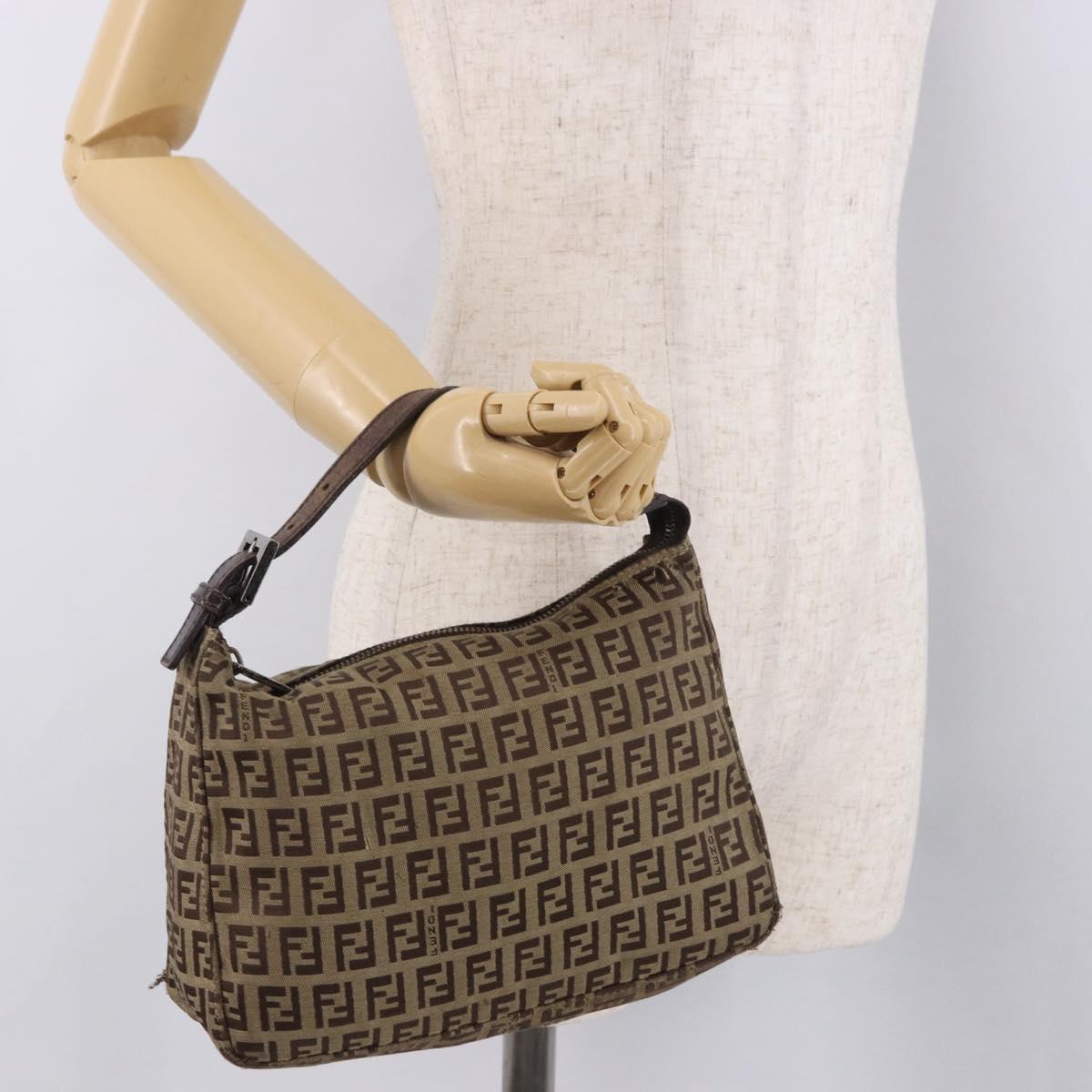 FENDI Zucchino Canvas Hand Bag Beige Silver Auth 183871