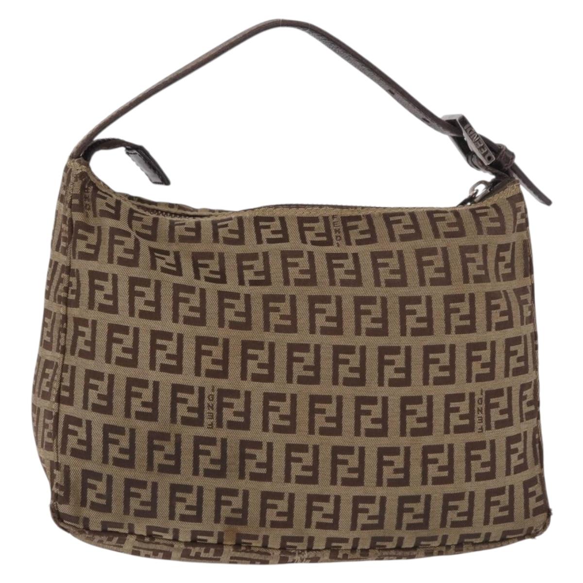 FENDI Zucchino Canvas Hand Bag Beige Silver Auth 183871