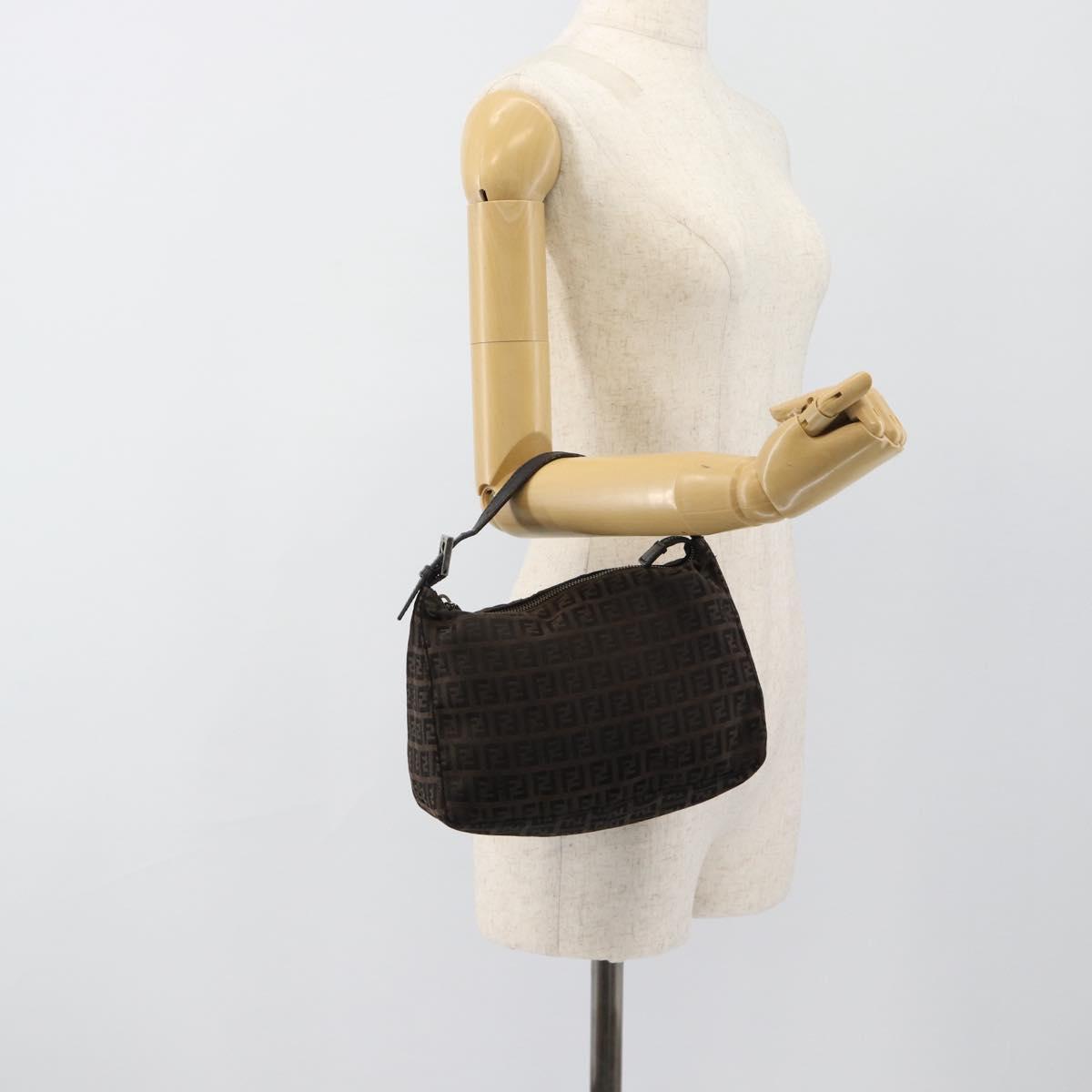 FENDI Zucchino Canvas Hand Bag Brown Silver Auth 183872