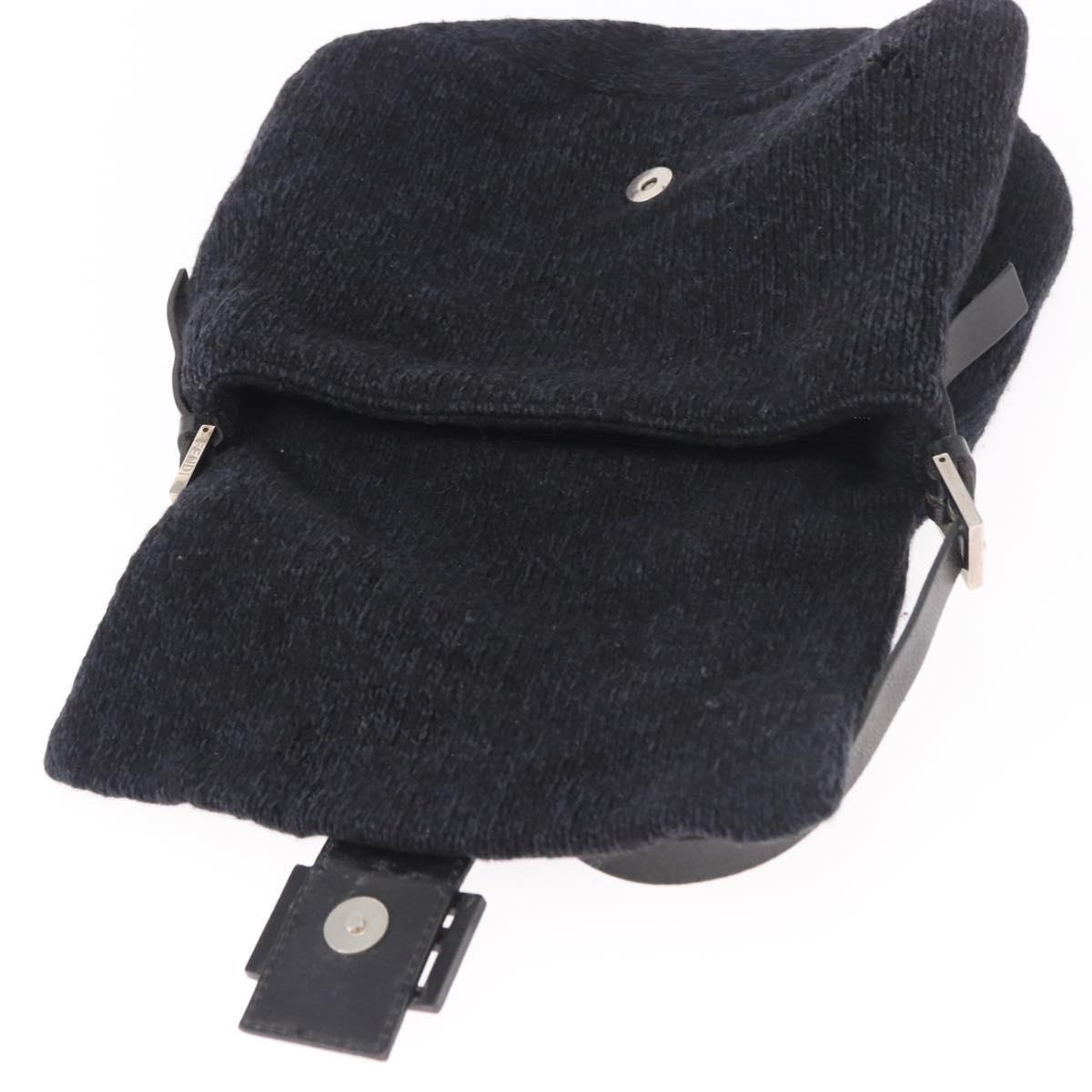 FENDI Mamma Baguette Shoulder Bag Wool Navy Silver Auth 183876