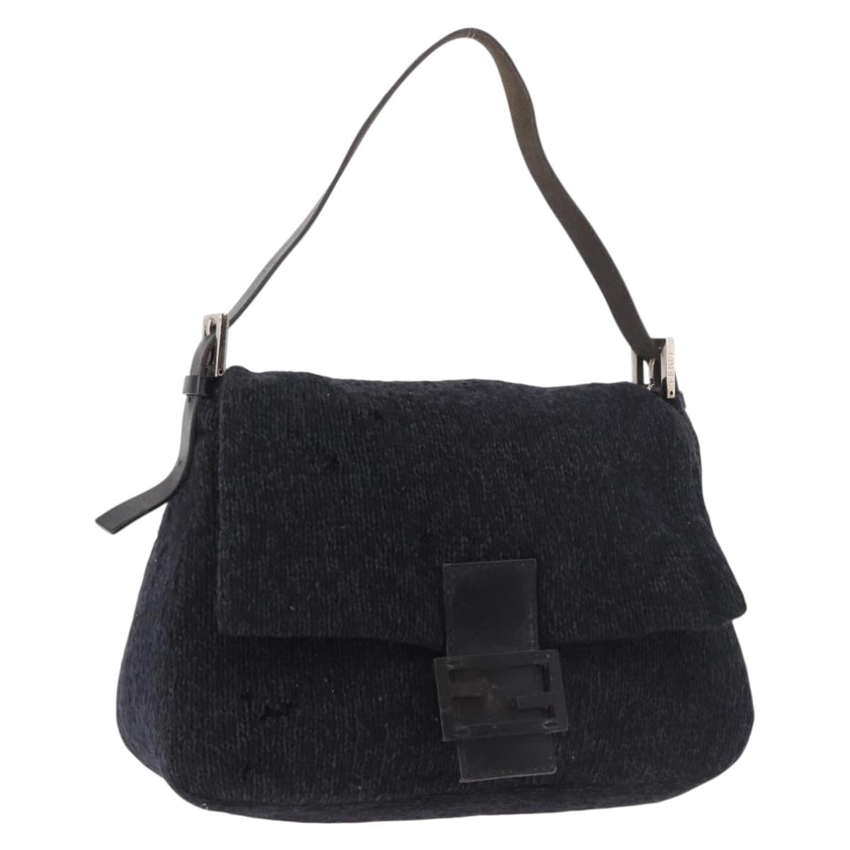 FENDI Mamma Baguette Shoulder Bag Wool Navy Silver Auth 183876