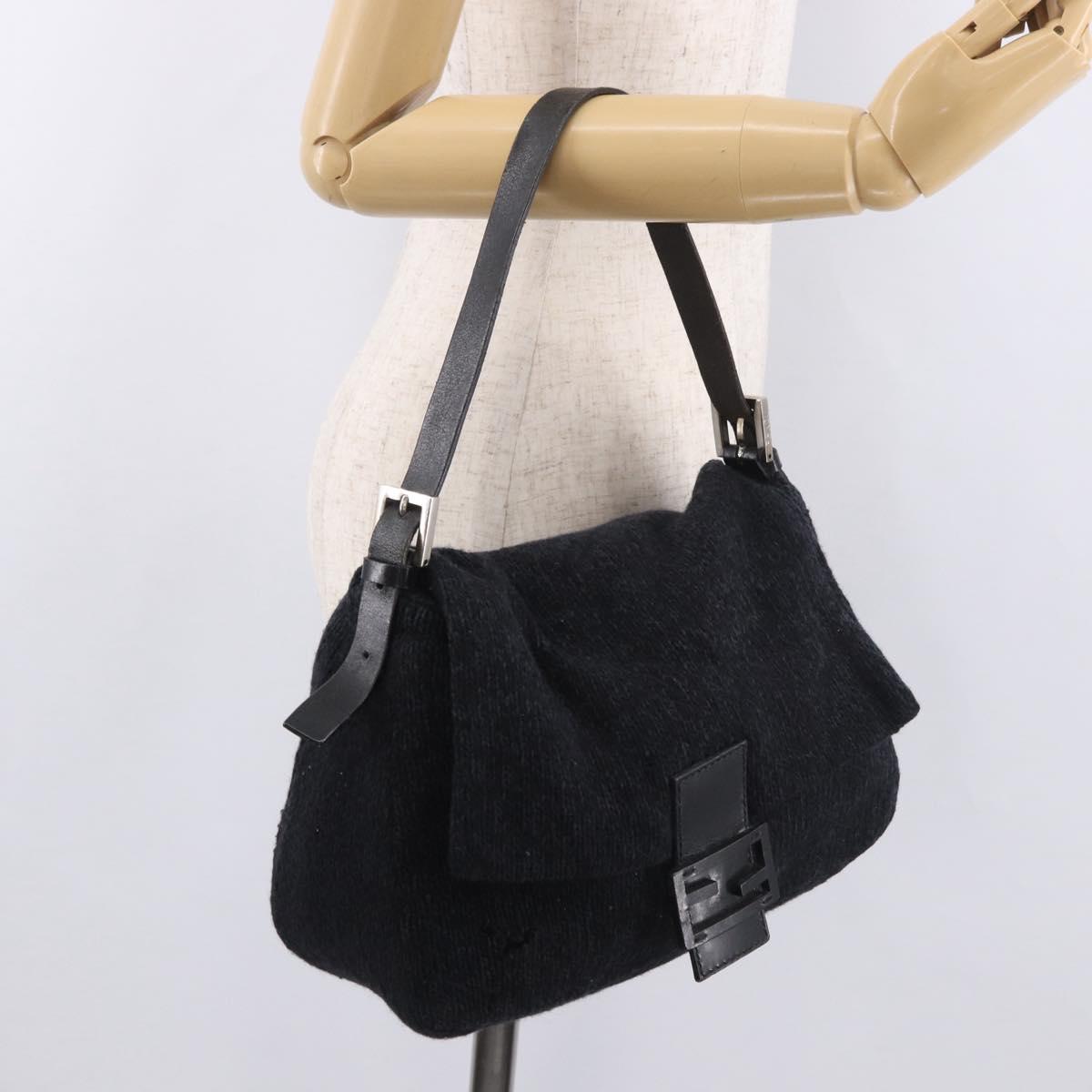 FENDI Mamma Baguette Shoulder Bag Wool Navy Silver Auth 183876
