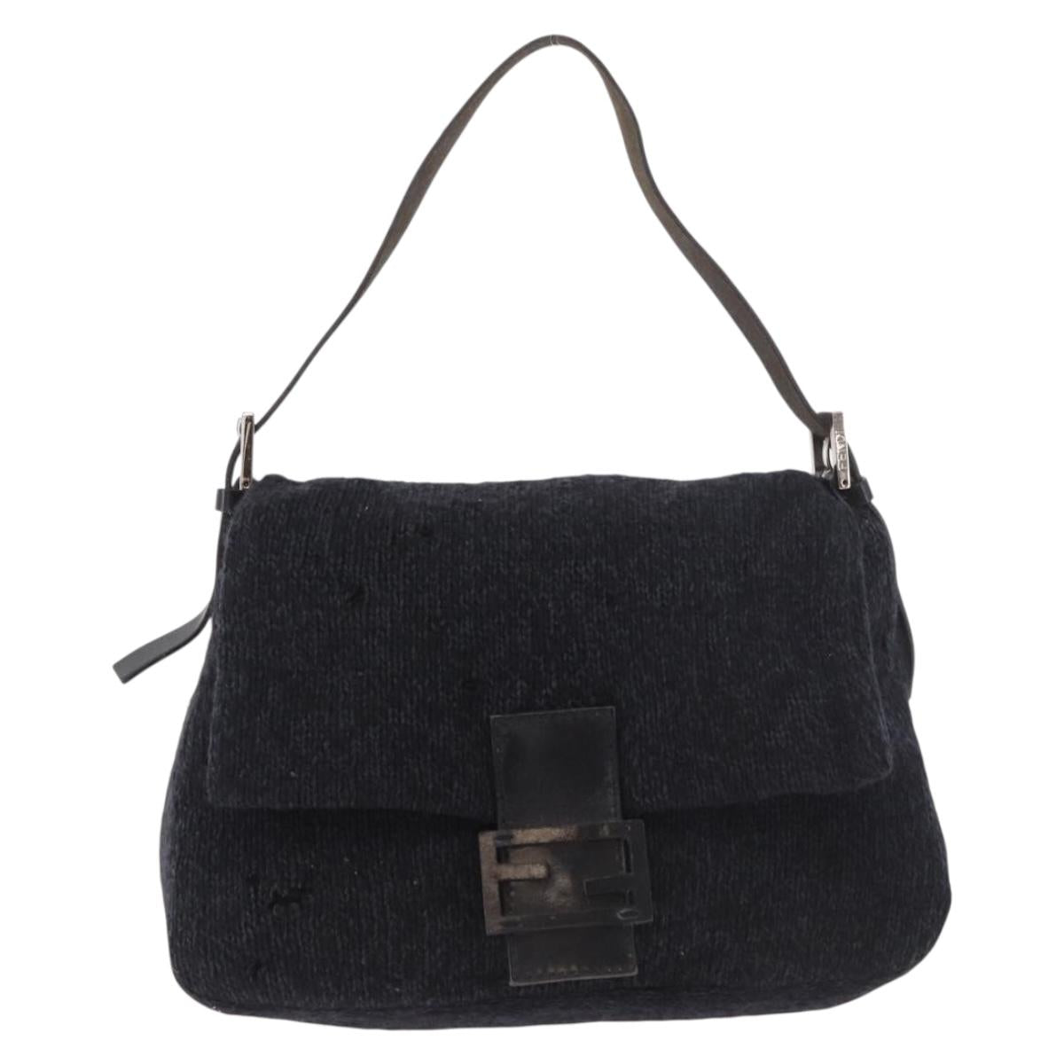 FENDI Mamma Baguette Shoulder Bag Wool Navy Silver Auth 183876