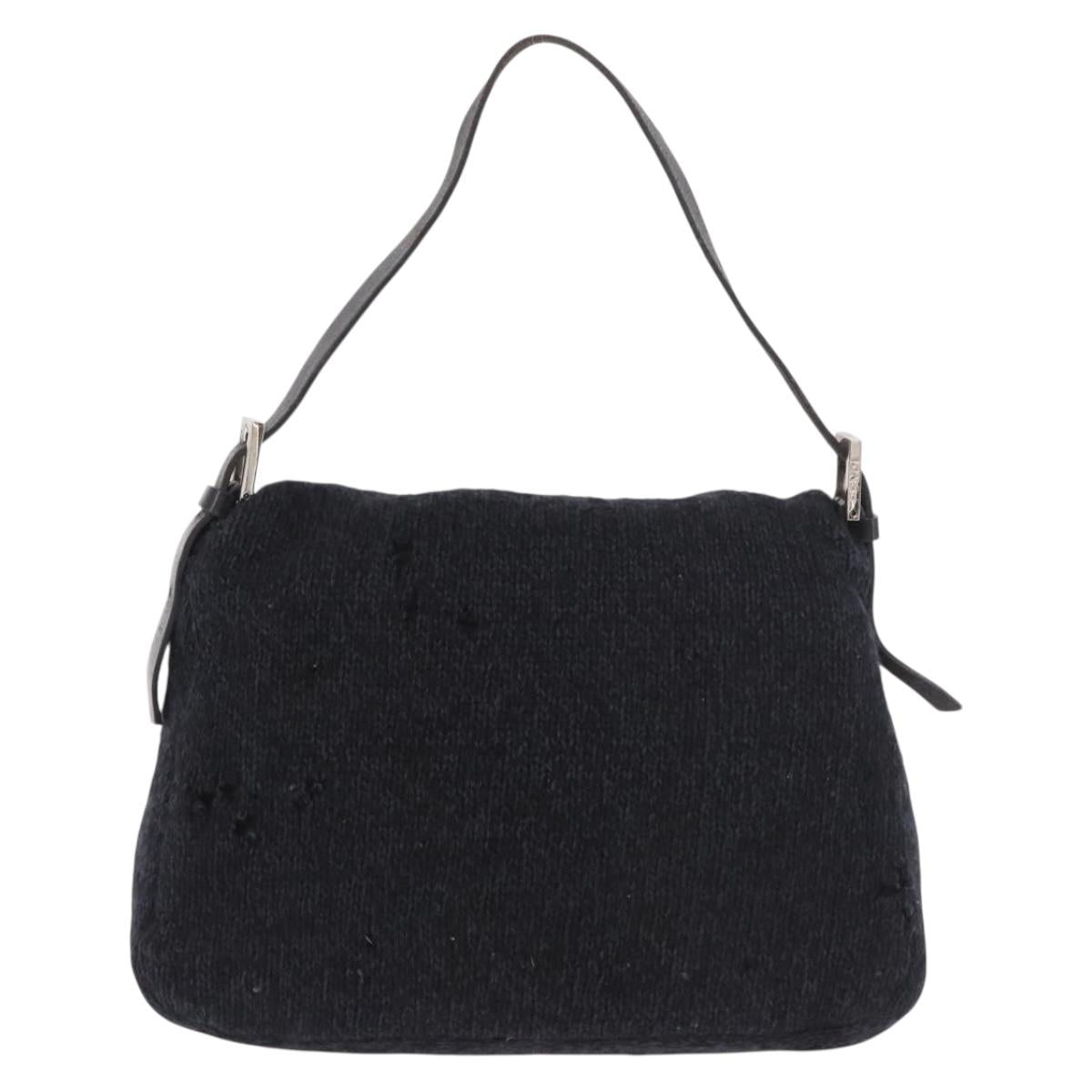FENDI Mamma Baguette Shoulder Bag Wool Navy Silver Auth 183876