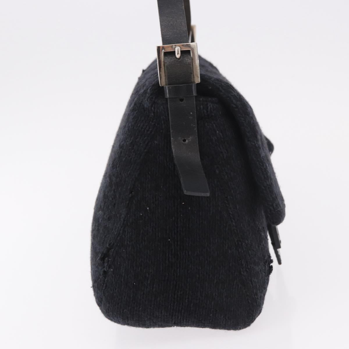 FENDI Mamma Baguette Shoulder Bag Wool Navy Silver Auth 183876