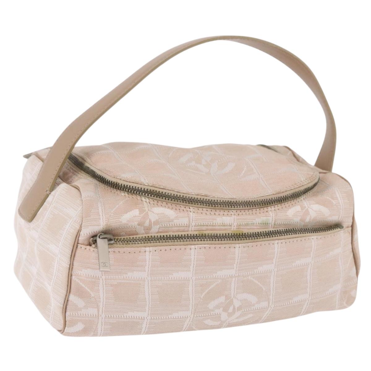 CHANEL New Travel Line Hand Bag Canvas Beige Silver CC Auth 183877