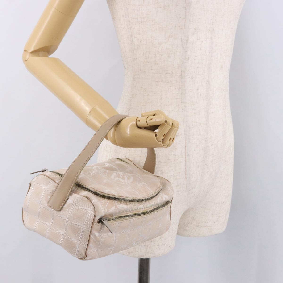 CHANEL New Travel Line Hand Bag Canvas Beige Silver CC Auth 183877