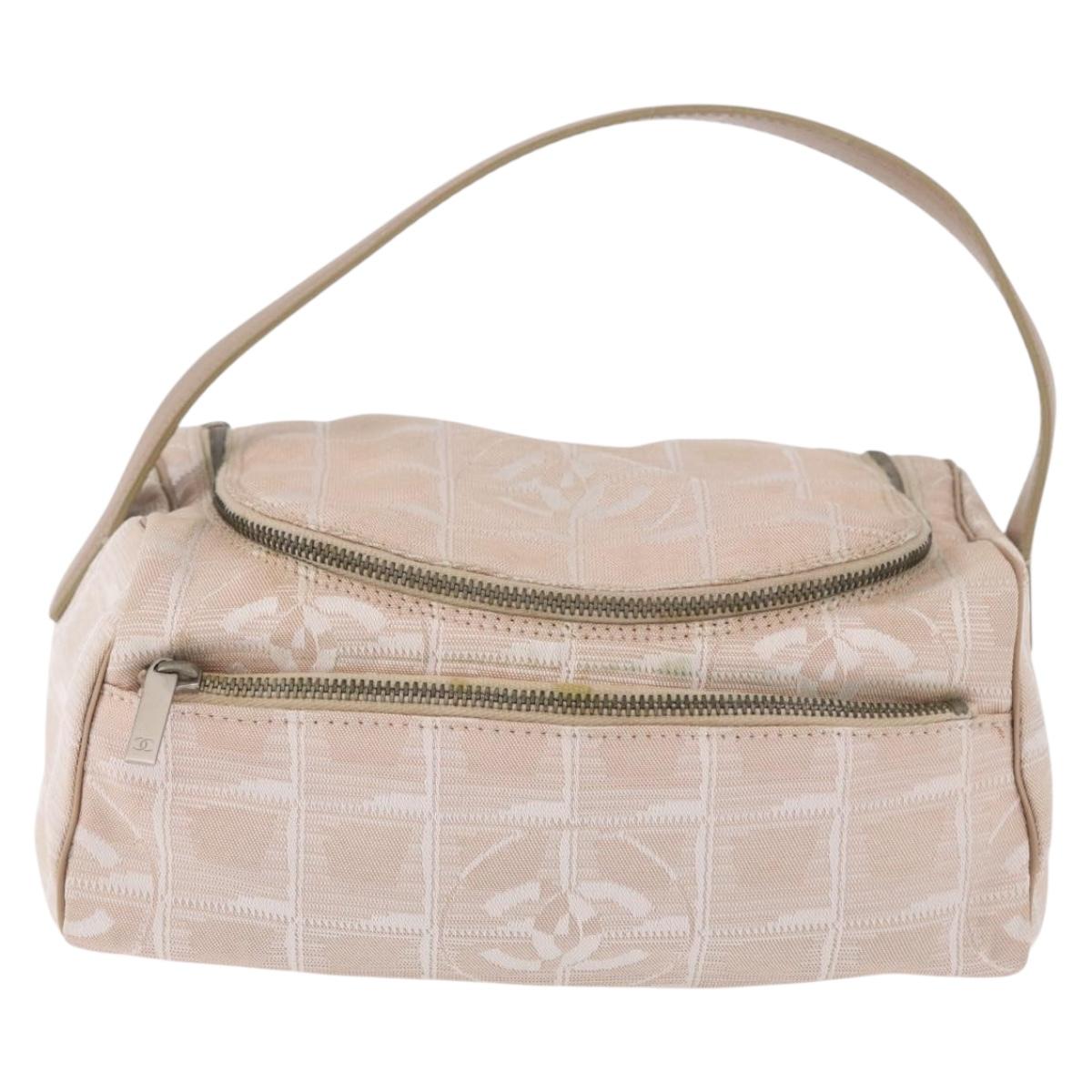 CHANEL New Travel Line Hand Bag Canvas Beige Silver CC Auth 183877