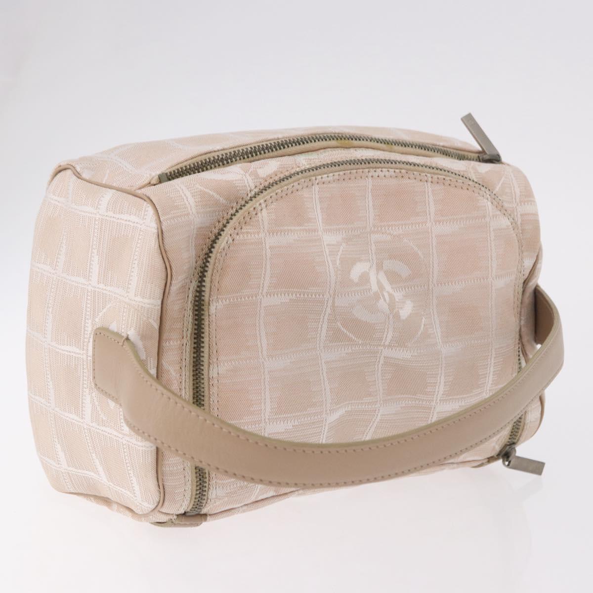 CHANEL New Travel Line Hand Bag Canvas Beige Silver CC Auth 183877