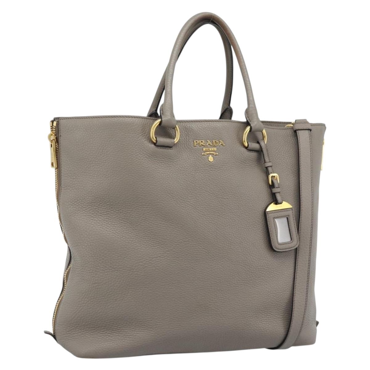 PRADA Tote Bag Leather 2way Gray Gold Auth 183884V