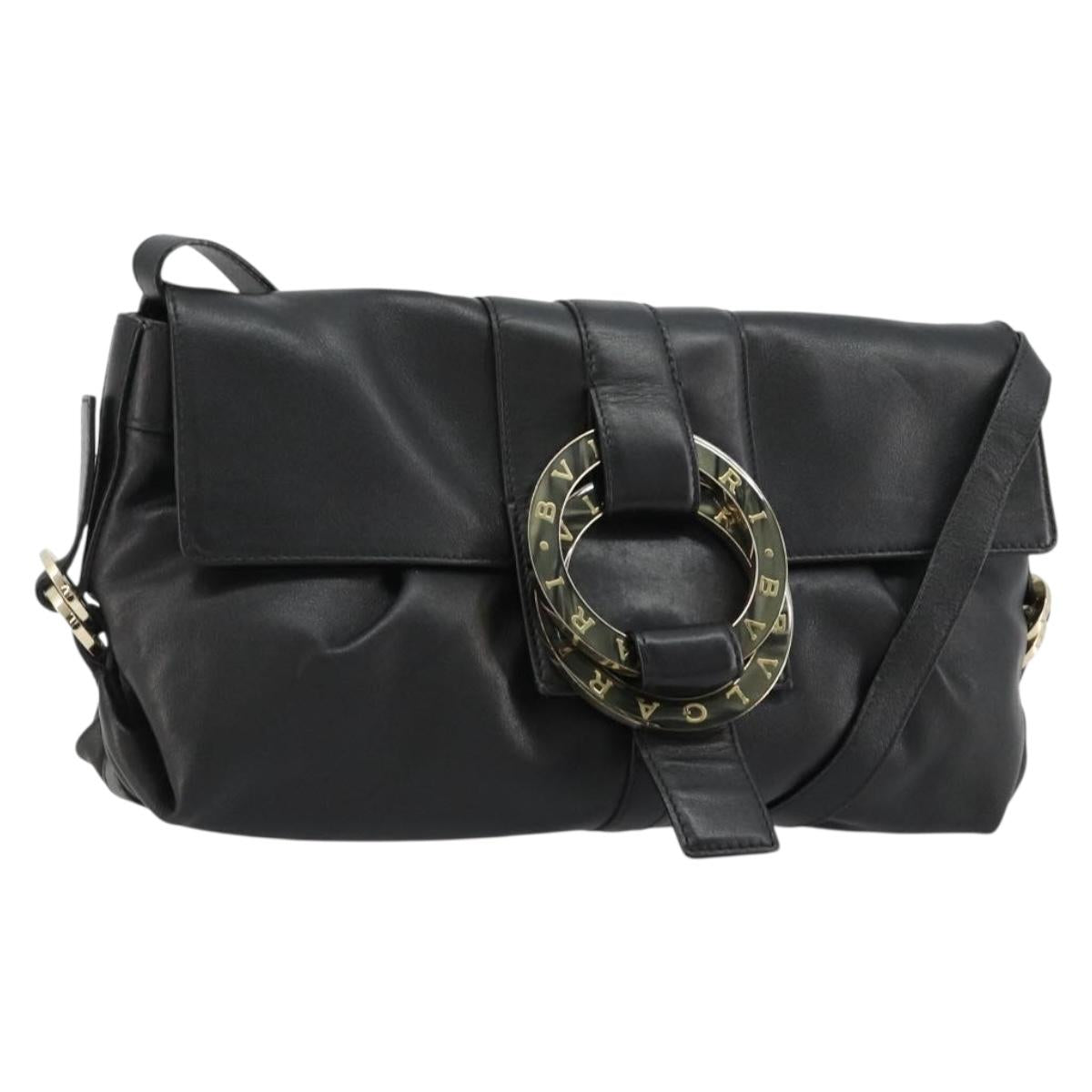 BVLGARI Chandra Shoulder Bag Leather Black Gold Auth 183888A