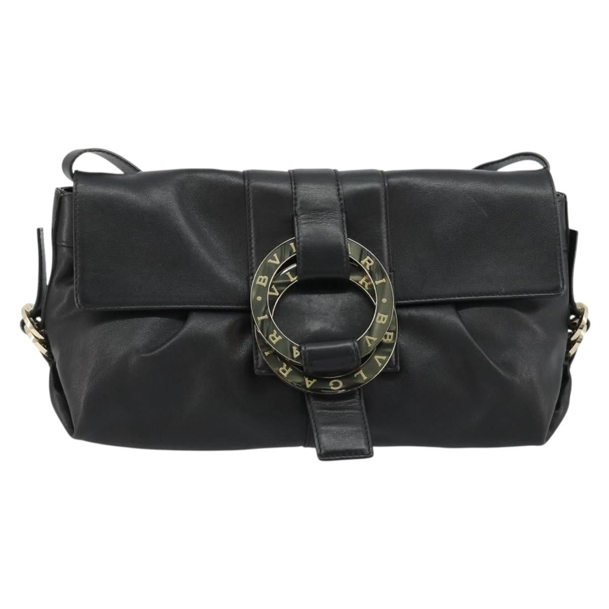 BVLGARI Chandra Shoulder Bag Leather Black Gold Auth 183888A