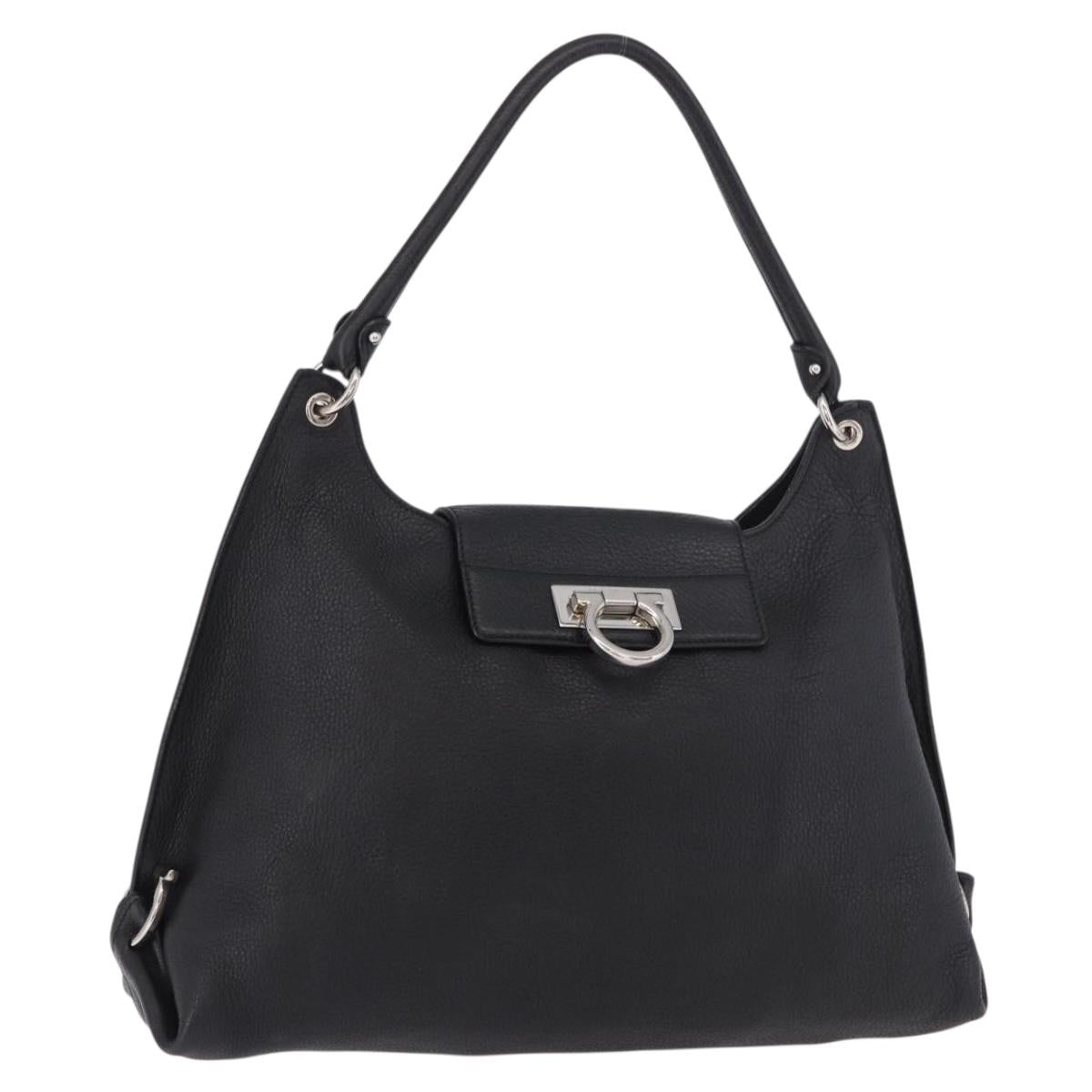 Salvatore Ferragamo Gancini Shoulder Bag Leather Black Silver Auth 183892A