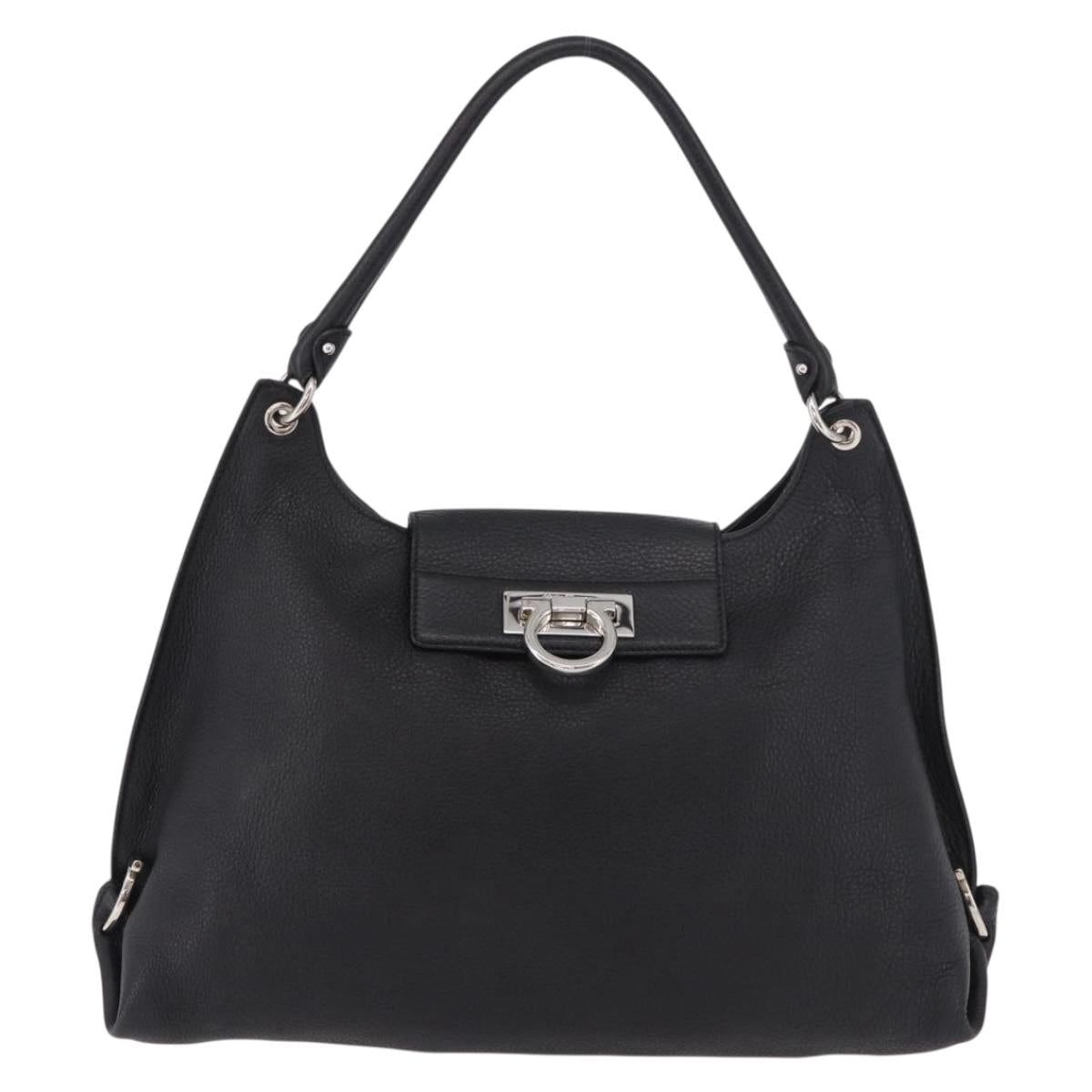 Salvatore Ferragamo Gancini Shoulder Bag Leather Black Silver Auth 183892A