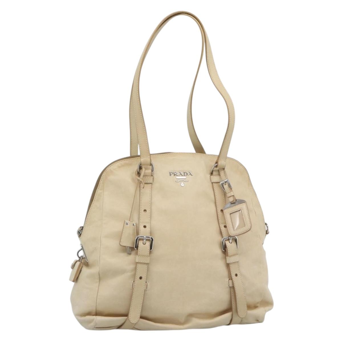 PRADA Tote Bag Leather Beige Silver Auth 183893V