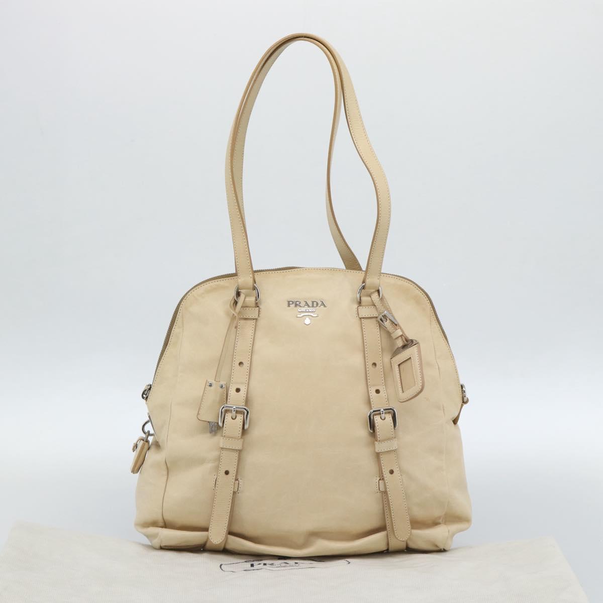 PRADA Tote Bag Leather Beige Silver Auth 183893V