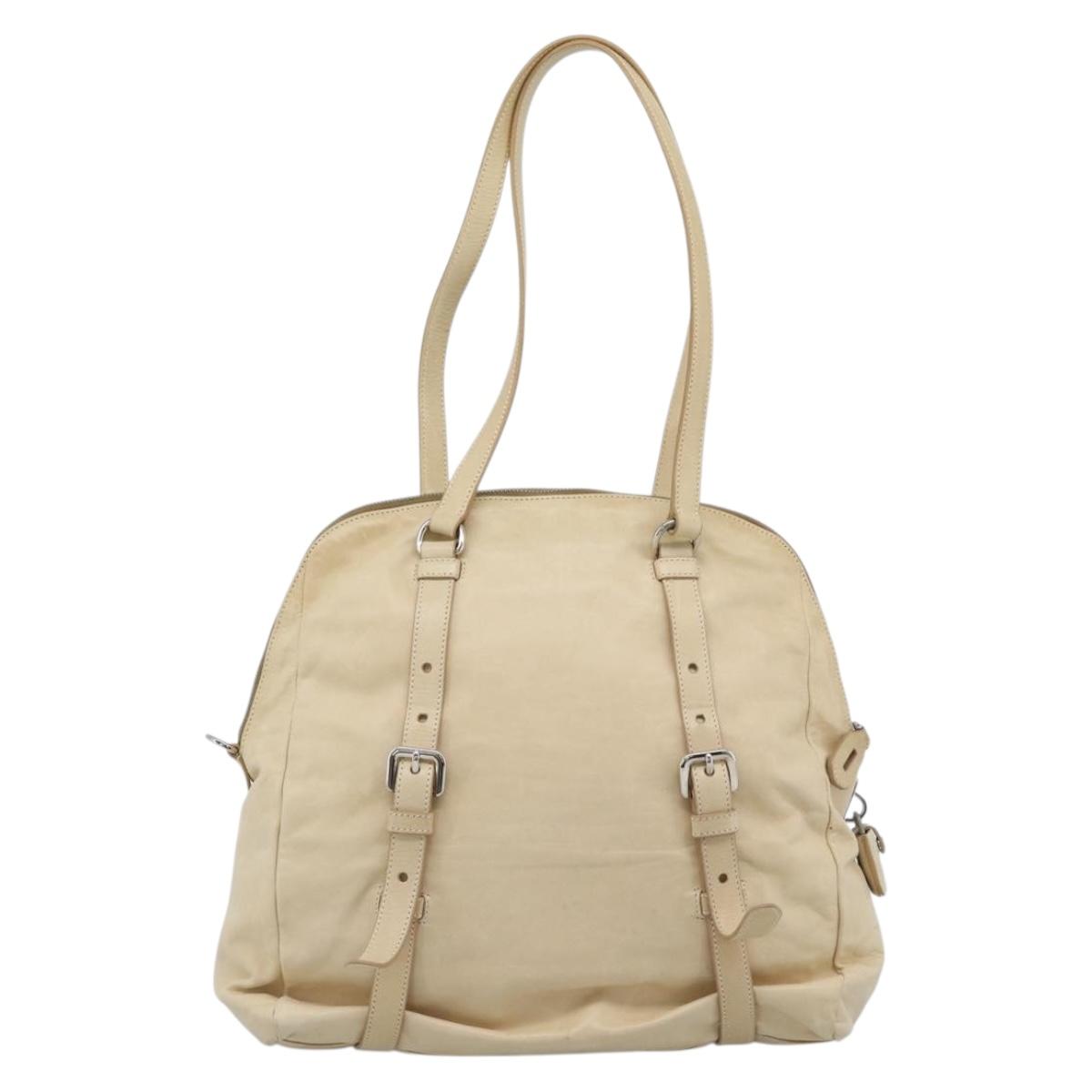 PRADA Tote Bag Leather Beige Silver Auth 183893V