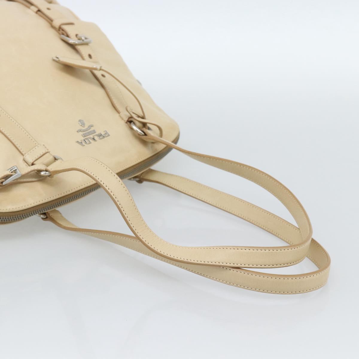 PRADA Tote Bag Leather Beige Silver Auth 183893V