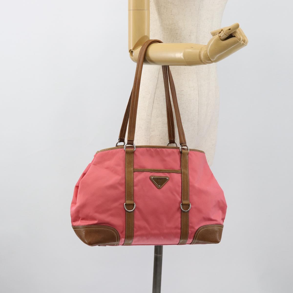 PRADA Tote Bag Leather Nylon Pink Silver Auth 183896V