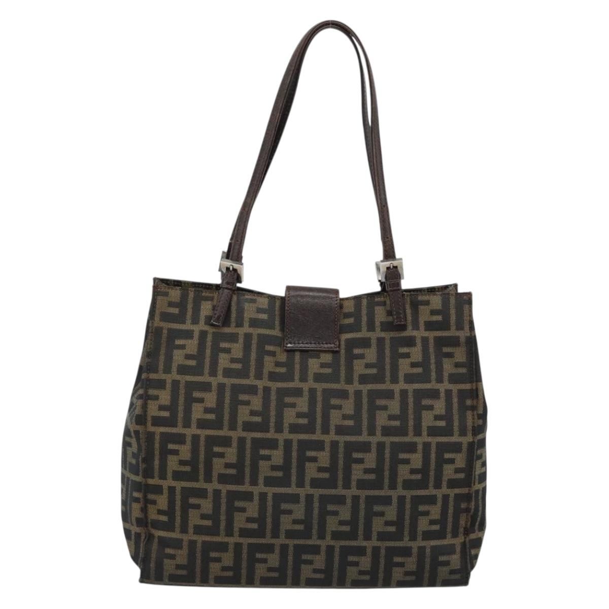 FENDI Zucca Canvas Mamma Baguette Tote Bag Black Brown Auth 183898