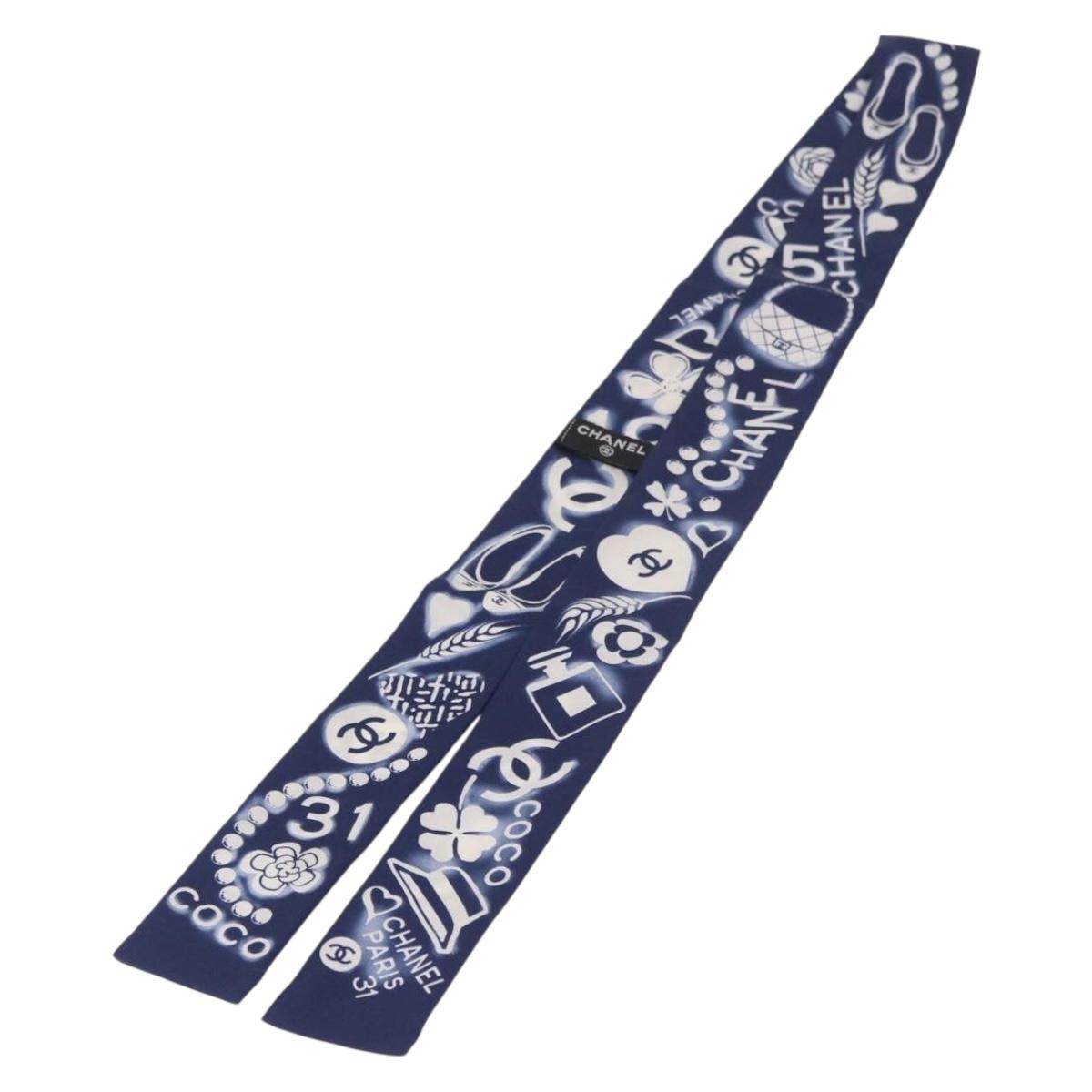 CHANEL Ribbon Scarf Silk Navy CC Auth 183940M
