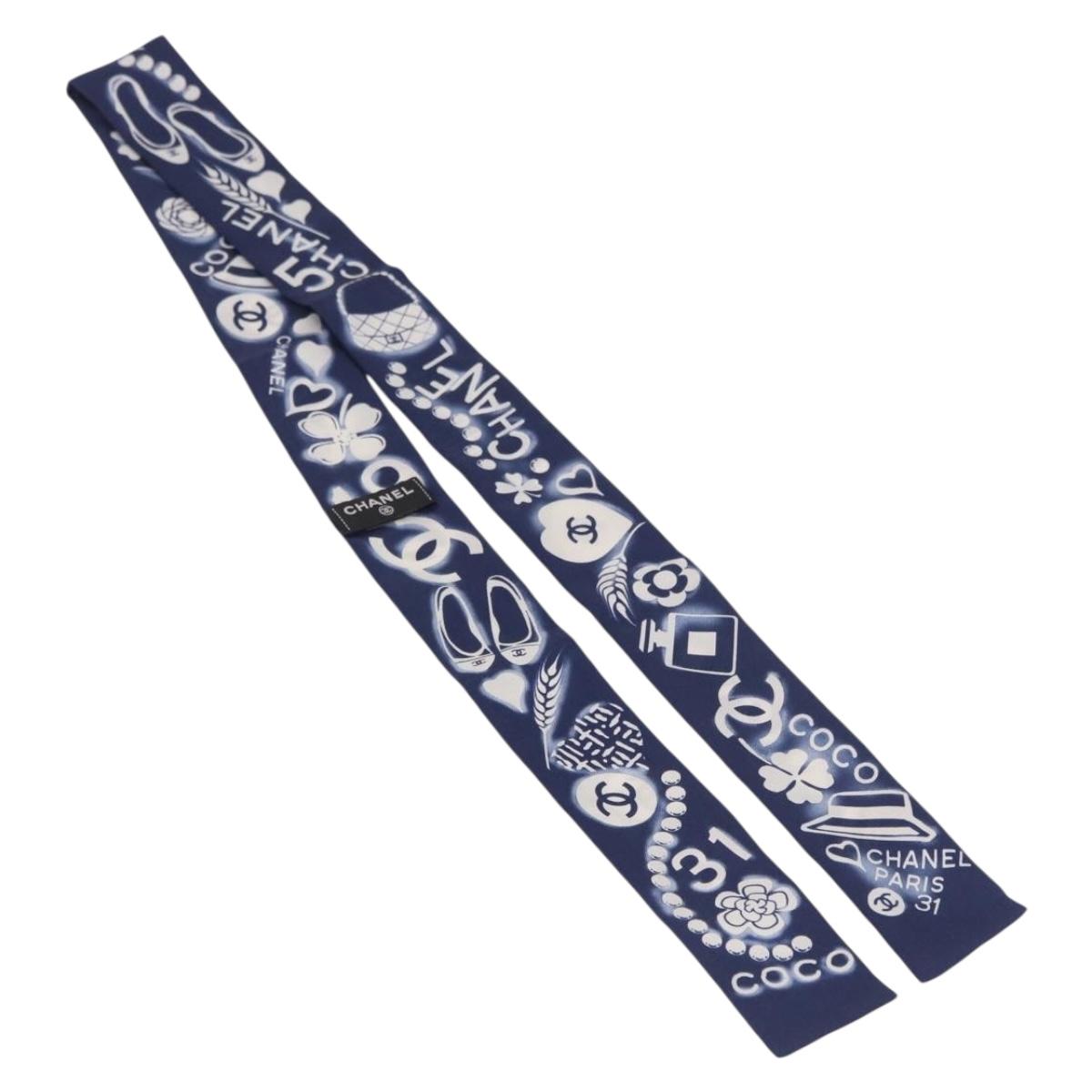 CHANEL Ribbon Scarf Silk Navy CC Auth 183940M