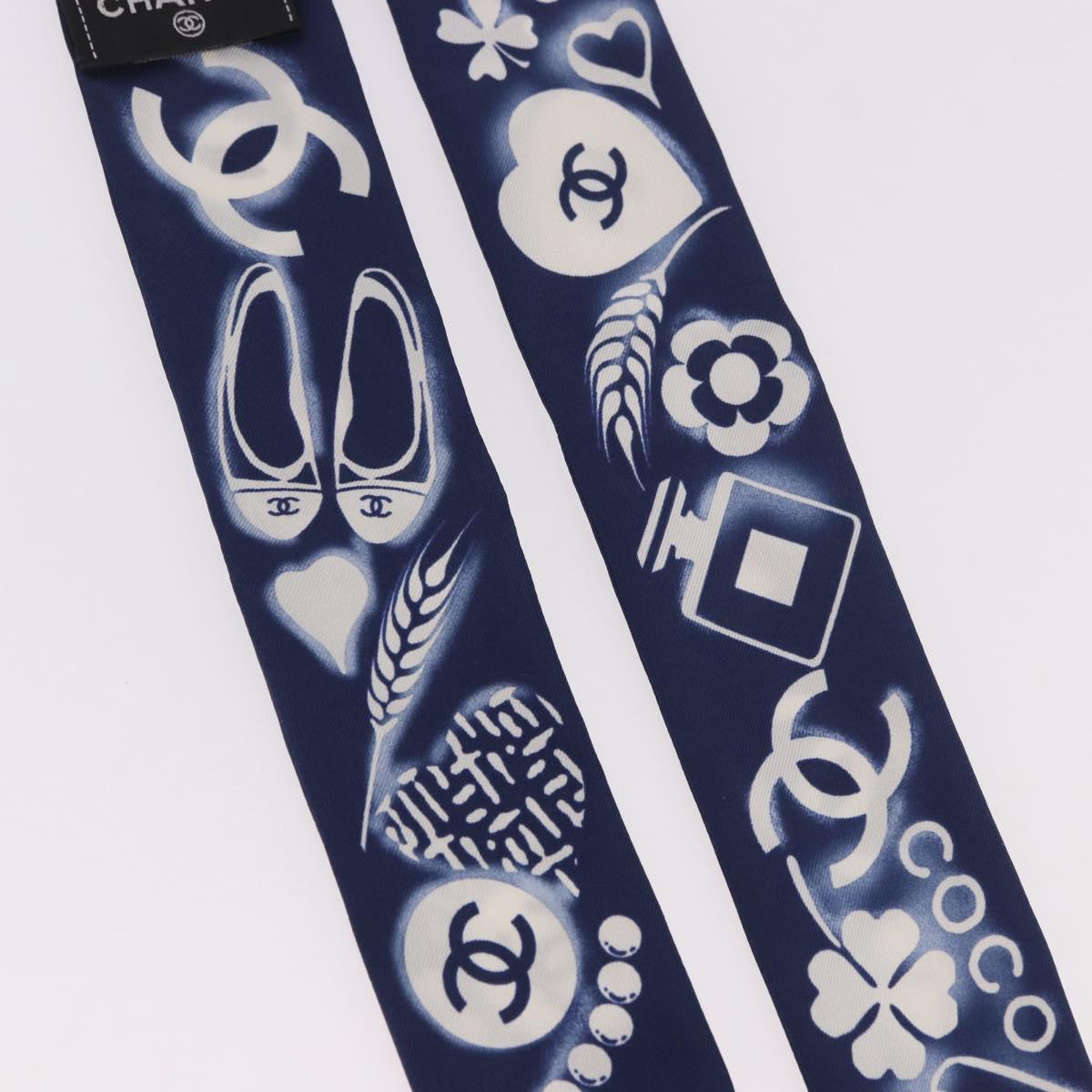 CHANEL Ribbon Scarf Silk Navy CC Auth 183940M
