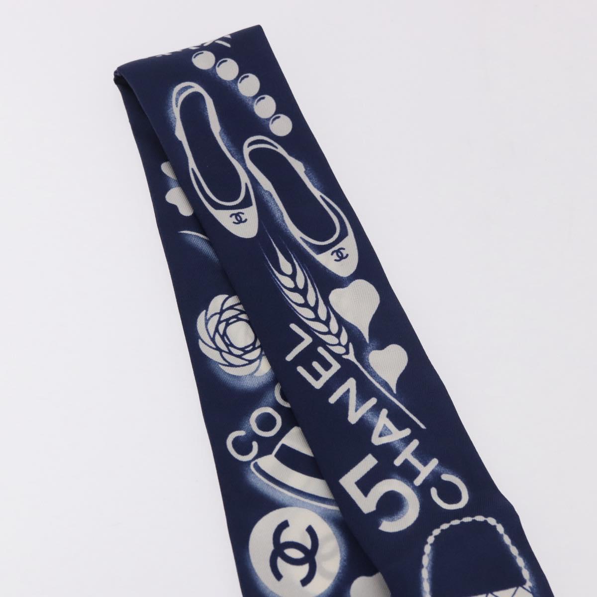 CHANEL Ribbon Scarf Silk Navy CC Auth 183940M