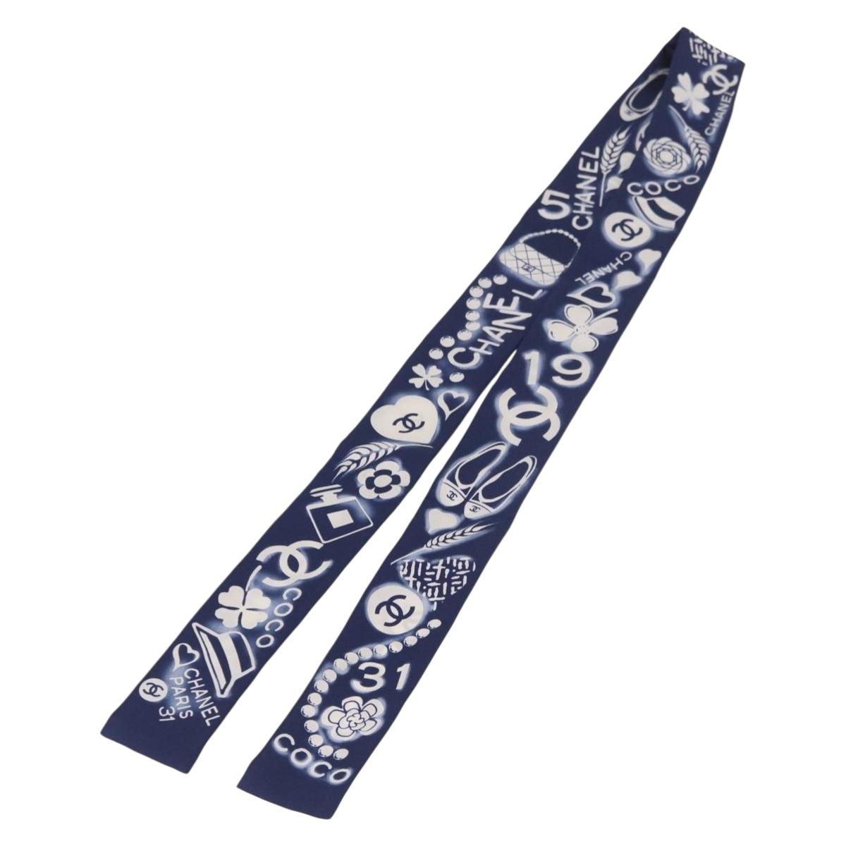 CHANEL Ribbon Scarf Silk Navy CC Auth 183940M