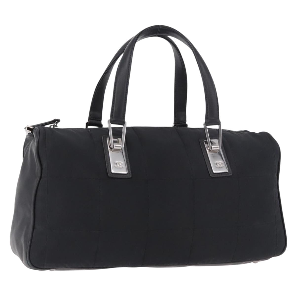 CHANEL Choco Bar Hand Bag Nylon Black Silver CC Auth 183944SAM