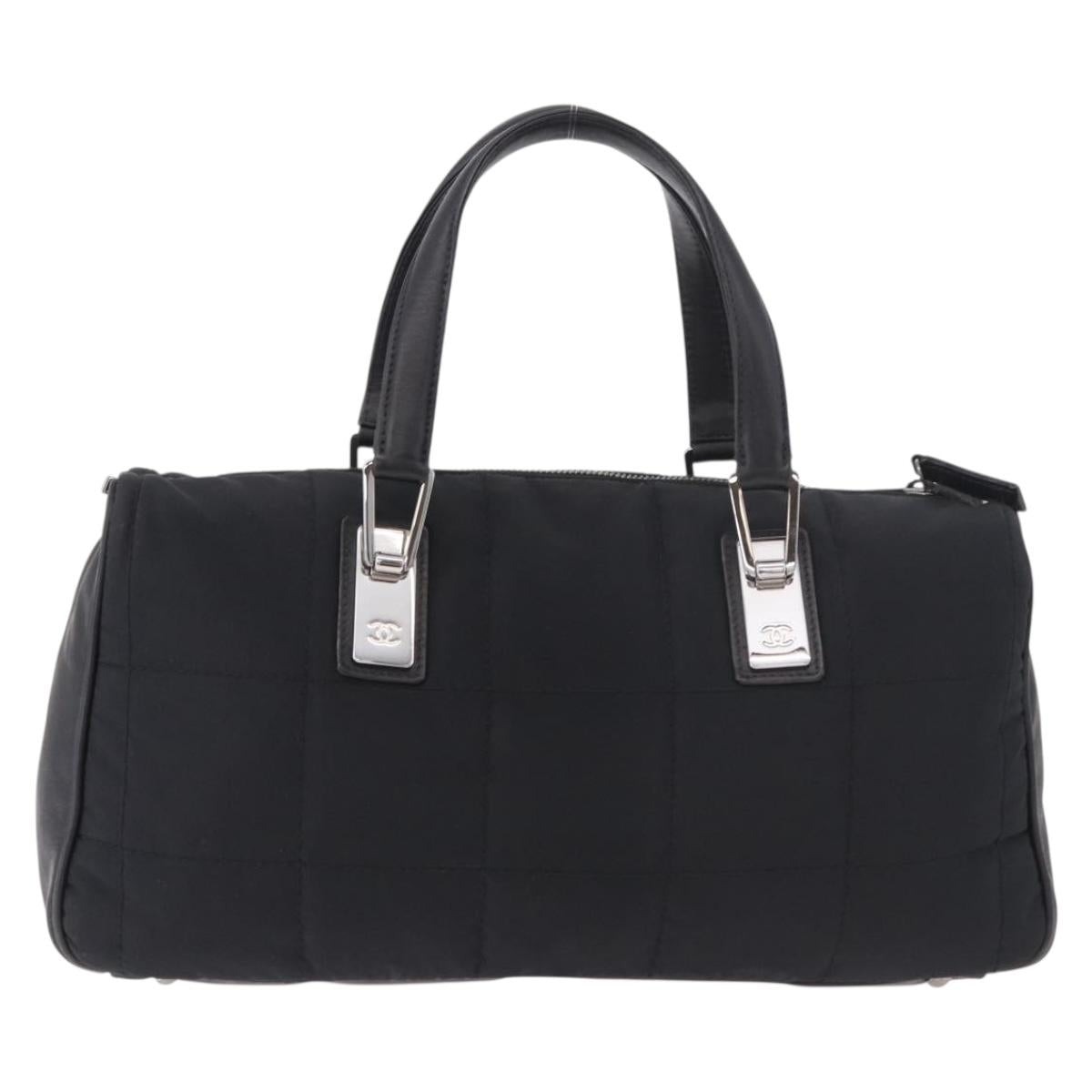 CHANEL Choco Bar Hand Bag Nylon Black Silver CC Auth 183944SAM