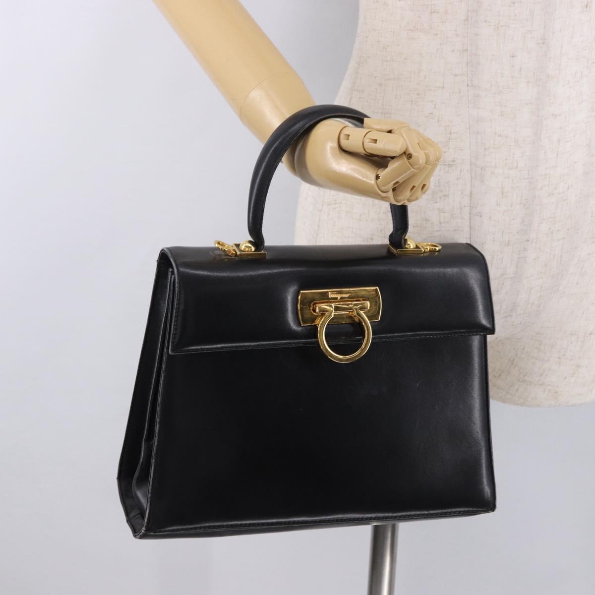 Salvatore Ferragamo Gancini Hand Bag Leather Black Gold Auth 183947