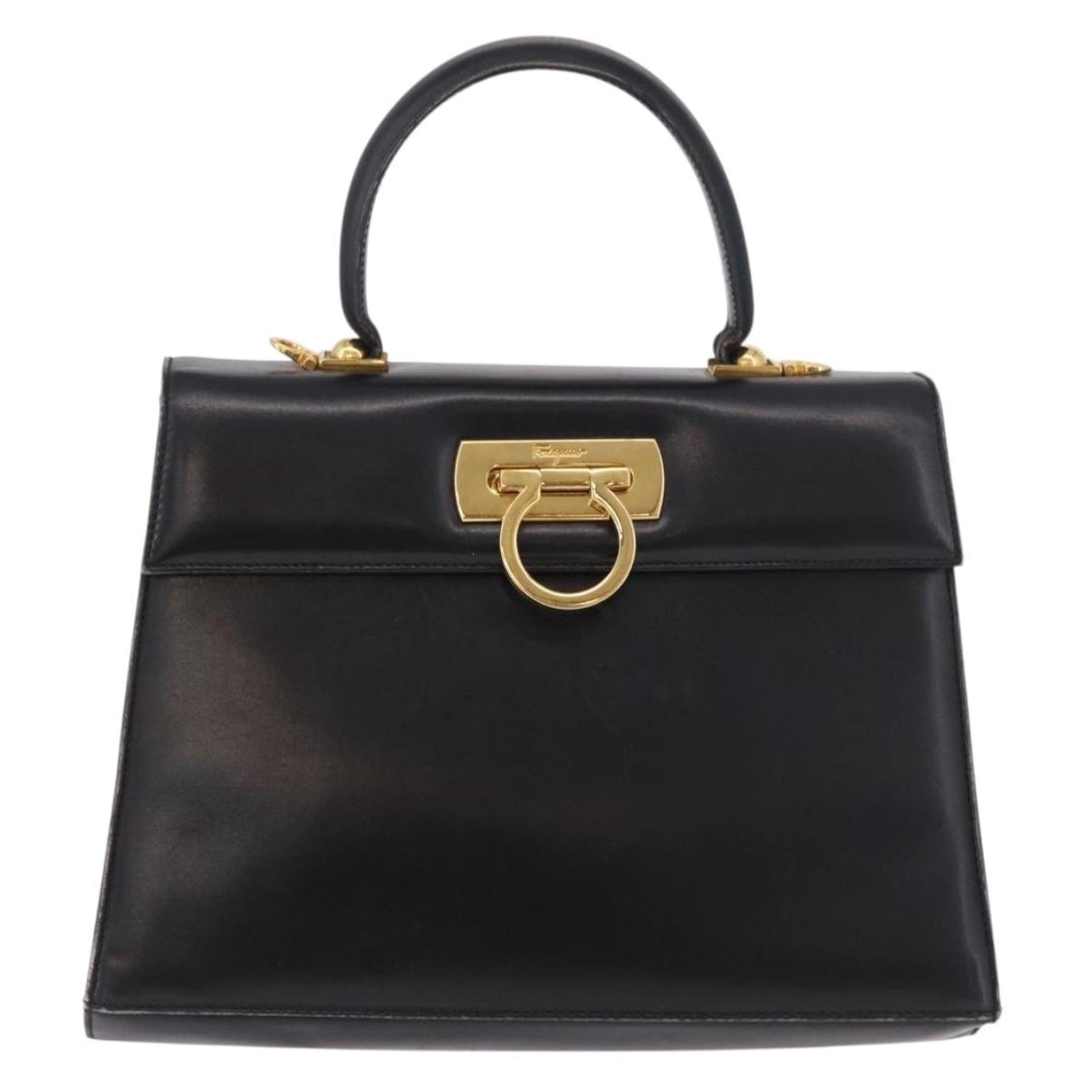 Salvatore Ferragamo Gancini Hand Bag Leather Black Gold Auth 183947